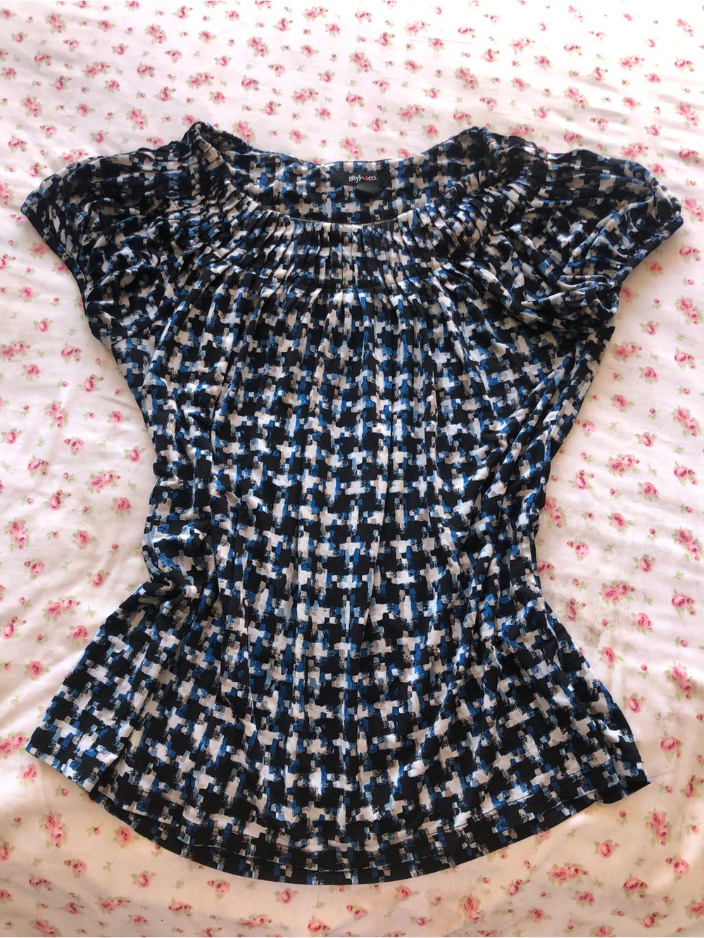 Alfani Black and Blue Printed Short-Sleeve Blouse